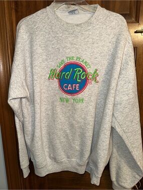 Hard Rock Cafe Vintage Grey Crewneck Sweatshirt with Blue and Pink Logo